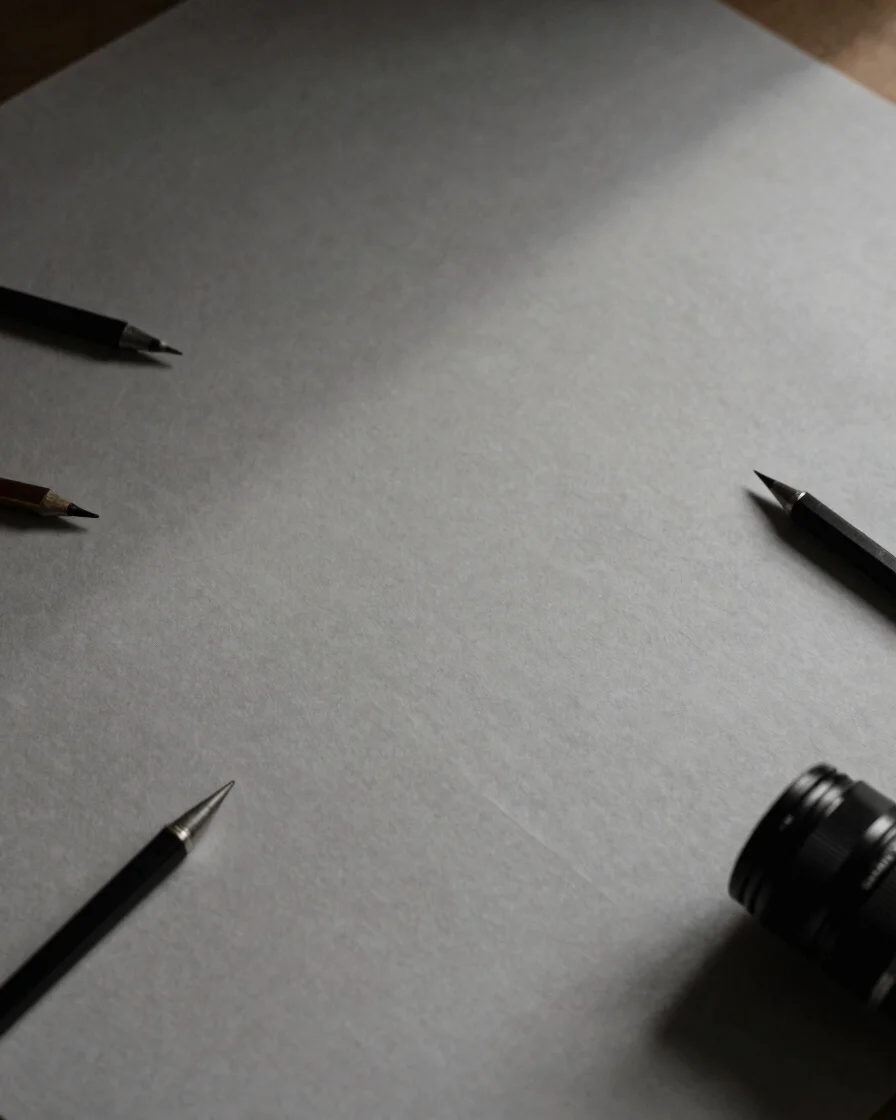 Overhead minimalist arrangements of heavy paper stock and drafting tools